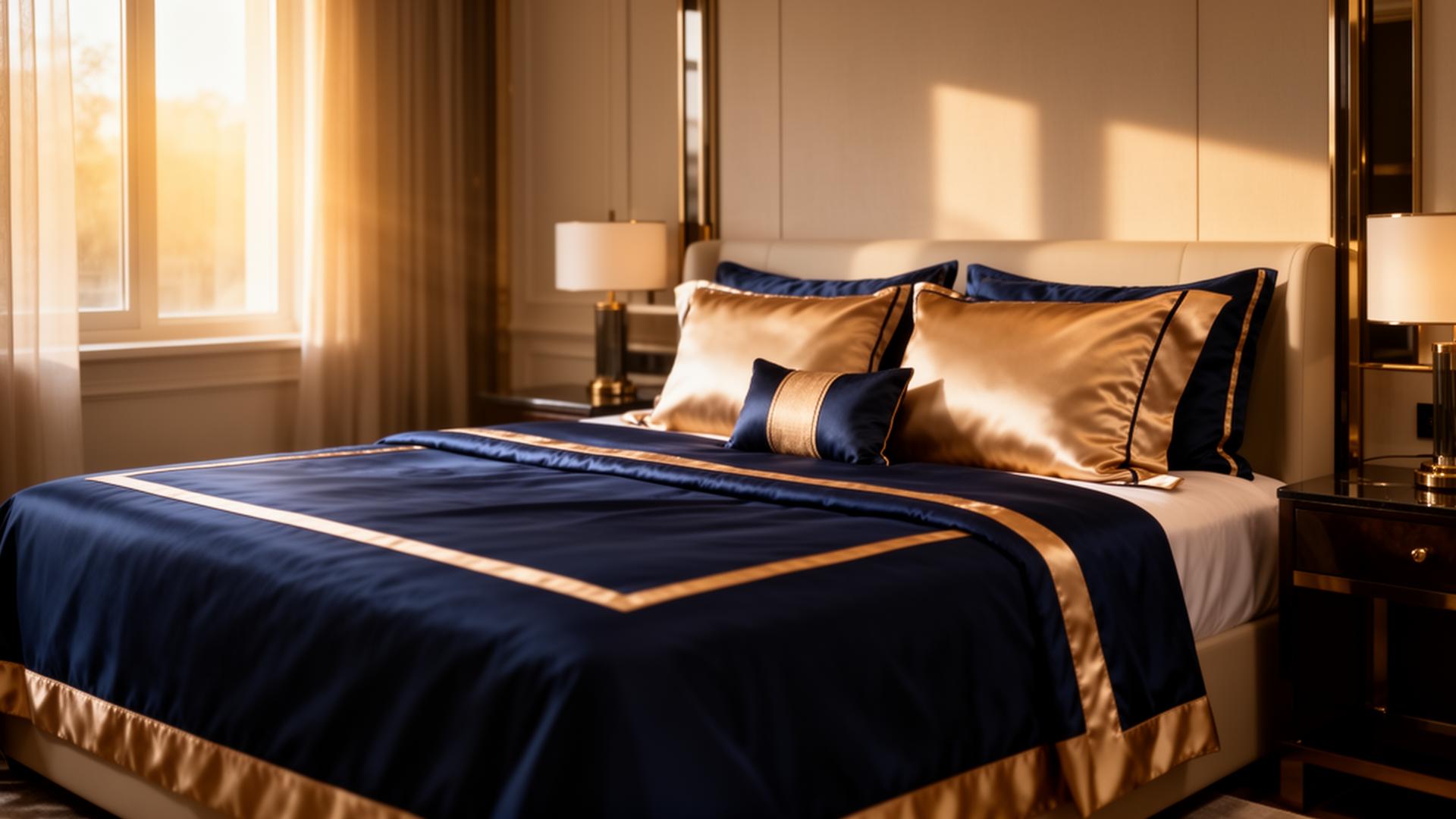 Quarto de luxo com cama vestida em linho azul-marinho e detalhes dourados